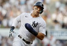 NEW YORK, NEW YORK - MAY 31: (NEW YORK DAILIES OUT) Aaron Judge #99 of the New York Yankees in action against the Los Angeles Angels at Yankee Stadium on May 31, 2022 in New York City. The Yankees defeated the Angels 9-1.