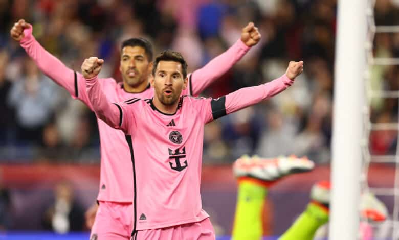 Luis Suárez #9 and Lionel Messi #10 of Inter Miami celebrate the goal of Benjamin Cremaschi #30 during the second half in the game against the New England Revolution at Gillette Stadium on April 27, 2024 in Foxborough, Massachusetts.