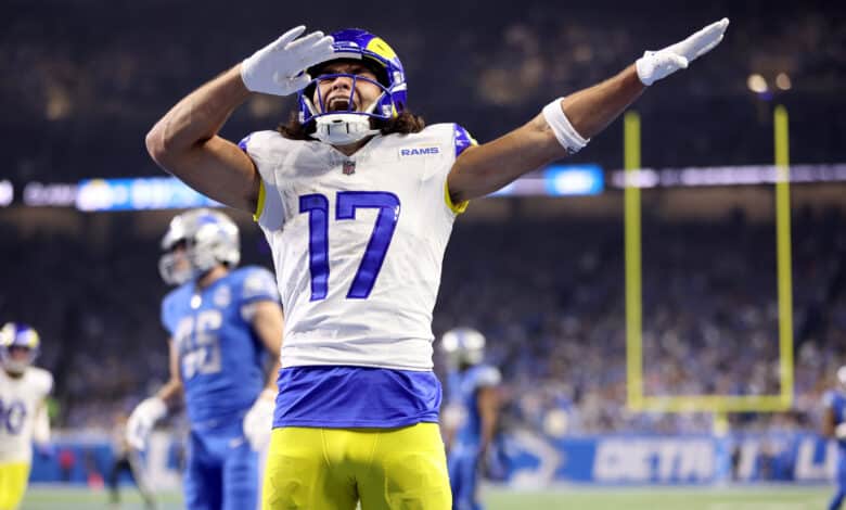 DETROIT, MICHIGAN - JANUARY 14: Puka Nacua #17 of the Los Angeles Rams celebrates after scoring a touchdown during the second quarter against the Detroit Lions in the NFC Wild Card Playoffs at Ford Field on January 14, 2024 in Detroit, Michigan.