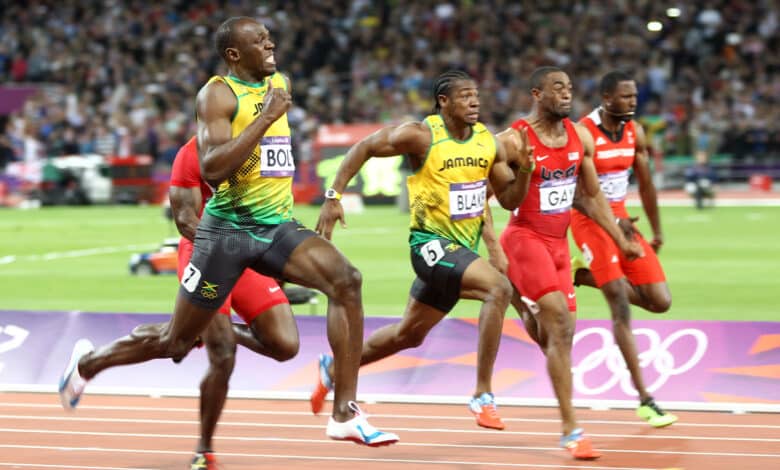 London 2012 - Athletics - Men's 100m final - Usain BOLT (JAM) gold medalist - Yohann BLAKE (JAM) silver medalist - Justin GATLIN (USA) bronze medalist