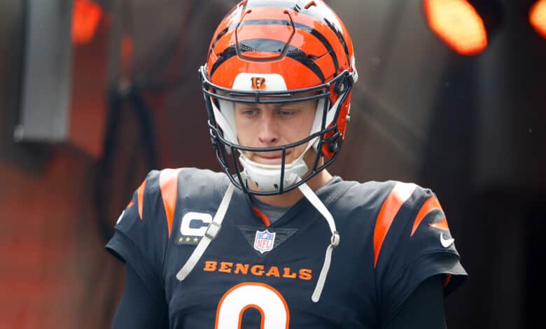 CINCINNATI, OH - SEPTEMBER 17: Cincinnati Bengals quarterback Joe Burrow (9) is introduced before the game against the Baltimore Ravens and the Cincinnati Bengals on September 17, 2023, at Paycor Stadium in Cincinnati, OH.