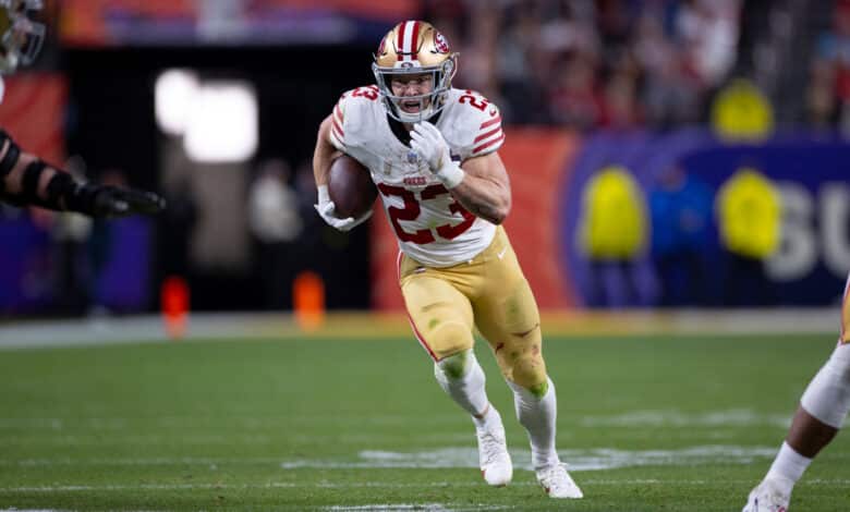 LAS VEGAS, NV - FEBRUARY 11: Christian McCaffrey #23 of the San Francisco 49ers heads to the end zone on a 21-yard touchdown catch during Super Bowl LVIII against the Kansas City Chiefs at Allegiant Stadium on February 11, 2024 in Las Vegas, Nevada. The Chiefs defeated the 49ers 25-22.
