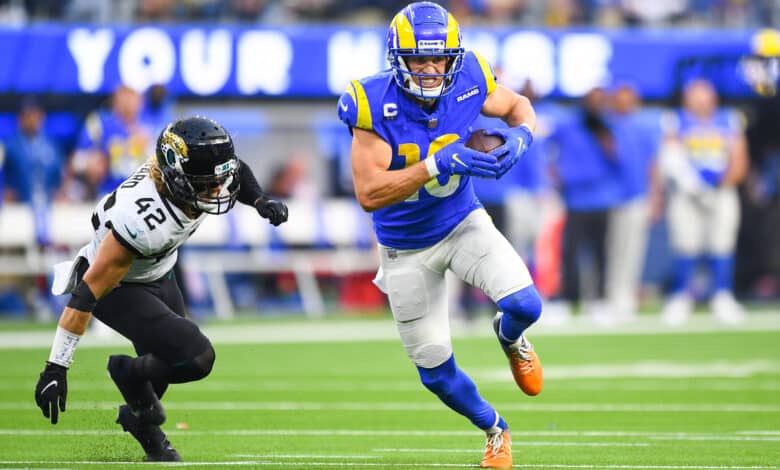 INGLEWOOD, CA - DECEMBER 05: Los Angeles Rams Wide Receiver Cooper Kupp (10) breaks free from Jacksonville Jaguars Safety Andrew Wingard (42) on his way to a touchdown during the NFL game between the Jacksonville Jaguars and the Los Angeles Rams on December 5, 2021, at SoFi Stadium in Inglewood, CA.