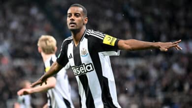 Newcastle United's Swedish striker #14 Alexander Isak celebrates scoring