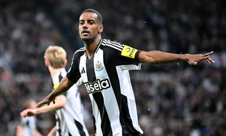 Newcastle United's Swedish striker #14 Alexander Isak celebrates scoring