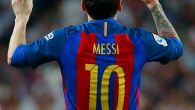 MADRID, SPAIN - APRIL 23: Lionel Messi of Barcelona (10) celebrates as he scores their first and equalising goal with team mates during the La Liga match between Real Madrid CF and FC Barcelona at Estadio Bernabeu on April 23, 2017 in Madrid, Spain.