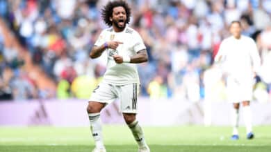Marcelo of Real Madrid celebrates after scoring his sides first goal during the La Liga match