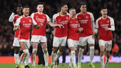 Ben White, Declan Rice, William Saliba, Oleksandr Zinchenko, Gabriel Magalhaes and Kai Havertz of Arsenal celebrate the 1st penalty save in the shoot out during the UEFA Champions League