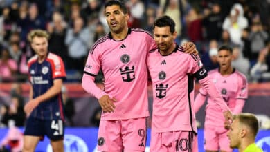 Inter Miami's #10 Lionel Messi (R) with #9 Luis Suarez (L)