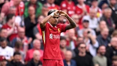 Luis Diaz of Liverpool celebrating after scoring the opening goal during the Premier League match between Liverpool FC and AFC Bournemouth