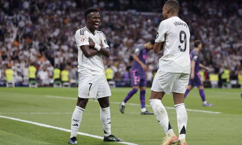 COPA DEL REY: Vinicius Junior of Real Madrid celebrates with his teammate Kylian Mbappe after scoring his team's third goal during the La Liga match