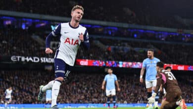 MANCHESTER, ENGLAND - NOVEMBER 23: James Maddison of Tottenham Hotspur celebrates after scoring a goal to make it 0-2 during the Premier League match between Manchester City FC and Tottenham Hotspur FC at Etihad Stadium on November 23, 2024 in Manchester, England.