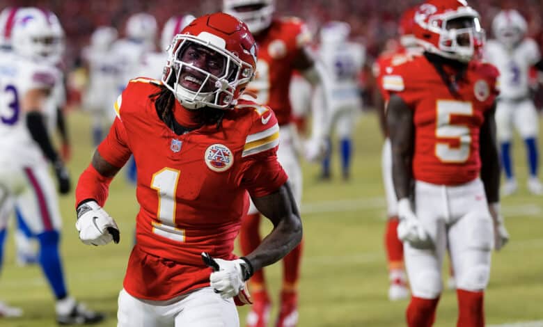 KANSAS CITY, MISSOURI - JANUARY 26: Wide receiver Xavier Worthy #1 of the Kansas City Chiefs celebrates after completing a catch during the first half of the AFC Championship game against the Buffalo Bills, at GEHA Field at Arrowhead Stadium on January 26, 2025 in Kansas City, Missouri.
