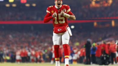 KANSAS CITY, MISSOURI - JANUARY 26: Quarterback Patrick Mahomes #15 of the Kansas City Chiefs gets hyped up prior to the AFC Championship game against the Buffalo Bills, at GEHA Field at Arrowhead Stadium on January 26, 2025 in Kansas City, Missouri.