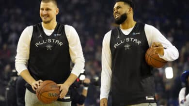 Nikola Jokic #15 of the Denver Nuggets and Chuck's Global Stars and Karl-Anthony Towns #32 of the New York Knicks and Chuck's Global Stars talk during 2025 NBA All-Star Practice & Media Availability at Oakland Arena on February 15, 2025 in Oakland, California. NOTE TO USER: User expressly acknowledges and agrees that, by