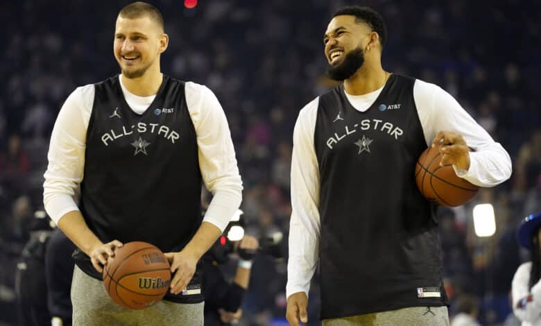 Nikola Jokic #15 of the Denver Nuggets and Chuck's Global Stars and Karl-Anthony Towns #32 of the New York Knicks and Chuck's Global Stars talk during 2025 NBA All-Star Practice & Media Availability at Oakland Arena on February 15, 2025 in Oakland, California. NOTE TO USER: User expressly acknowledges and agrees that, by