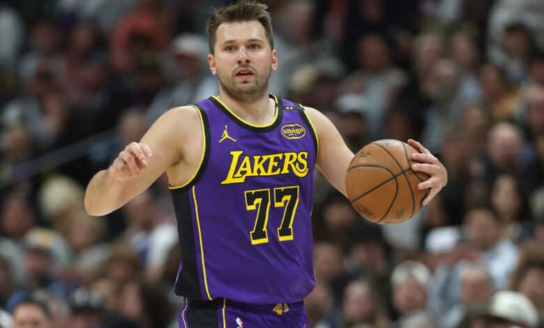 DENVER, COLORADO - FEBRUARY 22: Luka Doncic #77 of the Los Angeles Lakers plays the Denver Nuggets in the first quarter at Ball Arena on February 22, 2025 in Denver, Colorado. NOTE TO USER: User expressly acknowledges and agrees that, by downloading and or using this photograph, User is consenting to the terms and conditions of the Getty Images License Agreement.