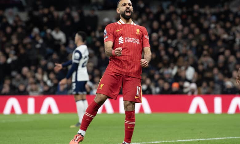 Mohamed Salah of Liverpool celebrates scoring the first of his two goals during the Premier League match