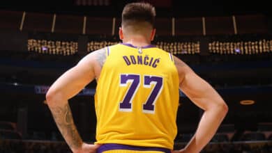 LOS ANGELES, CA - FEBRUARY 27: Luka Doncic #77 of the Los Angeles Lakers looks on during the game against the Minnesota Timberwolves on February 27, 2025 at Crypto.Com Arena in Los Angeles, California.