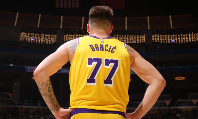 LOS ANGELES, CA - FEBRUARY 27: Luka Doncic #77 of the Los Angeles Lakers looks on during the game against the Minnesota Timberwolves on February 27, 2025 at Crypto.Com Arena in Los Angeles, California.