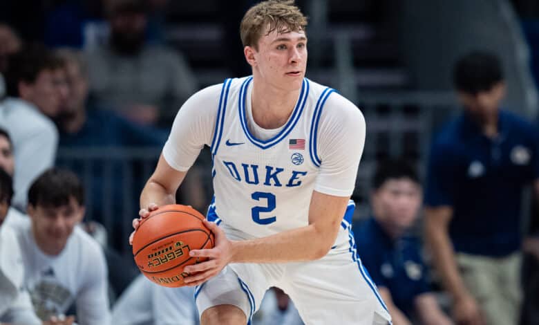 CHARLOTTE, NORTH CAROLINA - MARCH 13: Cooper Flagg #2 of the Duke Blue Devils plays against the Georgia Tech Yellow Jackets during the quarterfinal round of the ACC men's basketball tournament at Spectrum Center on March 13, 2025 in Charlotte, North Carolina.