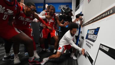MILWAUKEE, WISCONSIN - MARCH 23: Cam Brent #55 of the Mississippi Rebels celebrates with teammates in the locker room after defeating the Iowa State Cyclones during the second round of the 2025 NCAA Men's Basketball Tournament held at Fiserv Forum on March 23, 2025 in Milwaukee, Wisconsin.