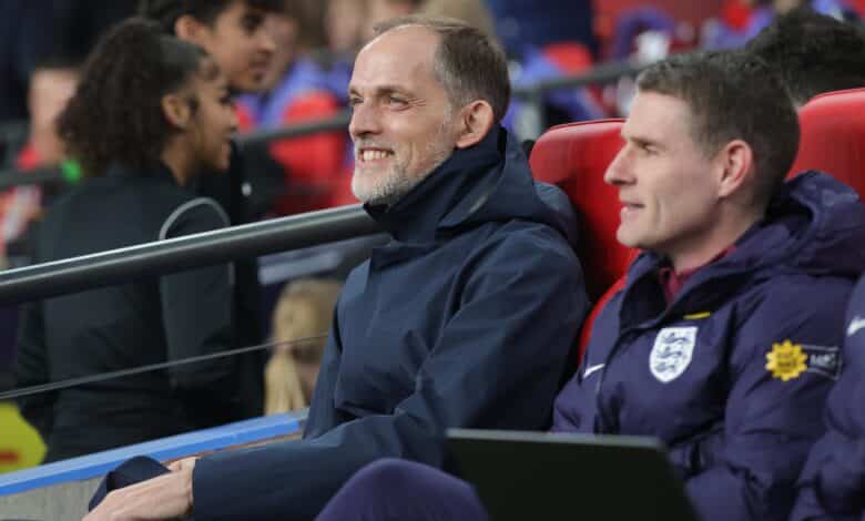 LONDON, ENGLAND - MARCH 24: Thomas Tuchel England manager looks happy & delighted during the FIFA World Cup 2026 European Qualifier between England and Latvia at Wembley Stadium on March 24, 2025 in London, England.
