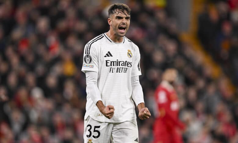Raúl Asencio of Real Madrid reacts during the UEFA Champions League 2024/25 League Phase MD5 match between Liverpool FC and Real Madrid C.F