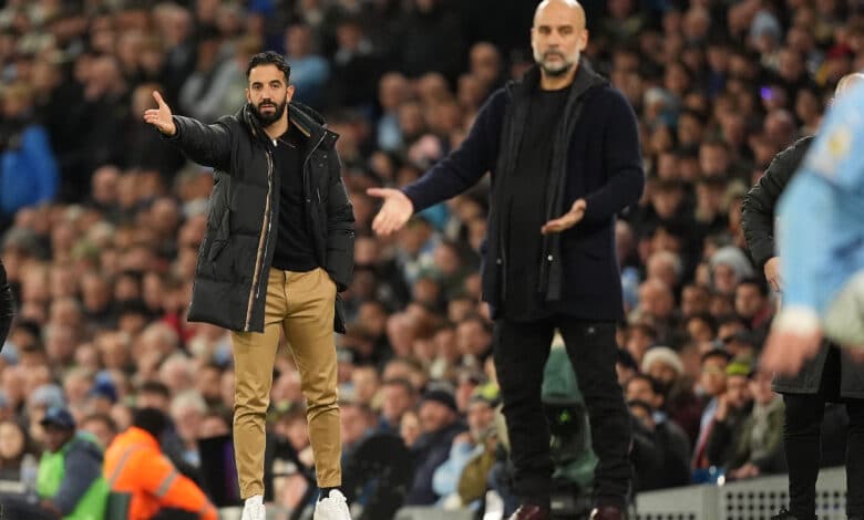 Manchester United manager Ruben Amorim (left) and Manchester City manager Pep Guardiola gesture on the touchline during the Premier League match at the Etihad Stadium, Manchester.