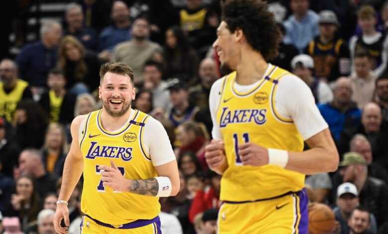 SALT LAKE CITY, UTAH - FEBRUARY 12: Luka Doncic #77 of the Los Angeles Lakers celebrates a play during the first half of a game against the Utah Jazz at Delta Center on February 12, 2025 in Salt Lake City, Utah.