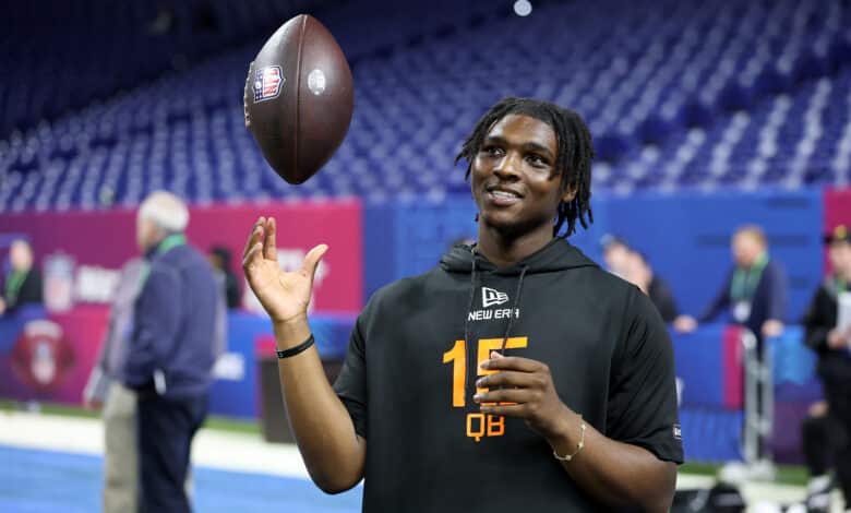 INDIANAPOLIS, INDIANA - MARCH 01: Cameron Ward #QB15 of Miami-FL looks o during the NFL Scouting Combine at Lucas Oil Stadium on March 01, 2025 in Indianapolis, Indiana.