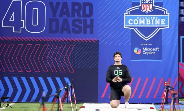 INDIANAPOLIS, INDIANA - MARCH 02: Will Campbell #OL05 of LSU participates in a drill during the NFL Scouting Combine at Lucas Oil Stadium on March 02, 2025 in Indianapolis, Indiana.