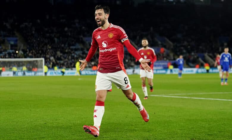 Manchester United's Bruno Fernandes celebrates scoring their side's third goal of the game during the Premier League match at the King Power Stadium, Leicester. Picture date: Sunday March 16, 2025.