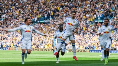 Leeds United's Manor Solomon celebrates scoring the opening goal during the Sky Bet Championship
