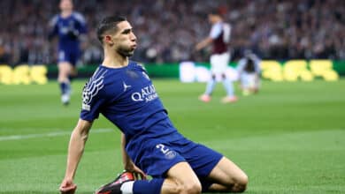 Achraf Hakimi of Paris Saint-Germain celebrates after scoring the opening goal during the UEFA Champions League 2024/25 Quarter Final Second Leg match between Aston Villa FC and Paris Saint-Germain at Villa Park on April 15, 2025 in Birmingham, England.