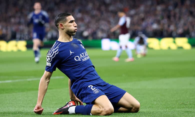 Achraf Hakimi of Paris Saint-Germain celebrates after scoring the opening goal during the UEFA Champions League 2024/25 Quarter Final Second Leg match between Aston Villa FC and Paris Saint-Germain at Villa Park on April 15, 2025 in Birmingham, England.