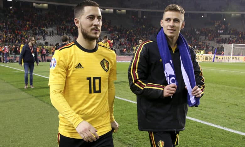 Eden Hazard and his brother Thorgan Hazard of Belgium celebrate the victory following the 2020 UEFA European Championships
