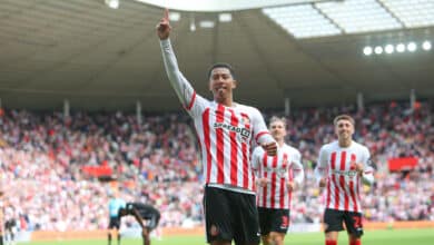 Sunderland's Jobe Bellingham celebrates his second goal during the Sky Bet Championship match between Sunderland and Rotherham United at the Stadium Of Light, Sunderland on Saturday 19th August 2023.