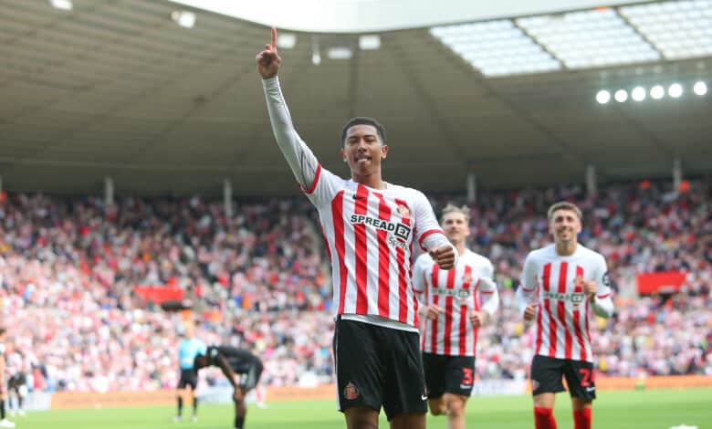 Sunderland's Jobe Bellingham celebrates his second goal during the Sky Bet Championship match between Sunderland and Rotherham United at the Stadium Of Light, Sunderland on Saturday 19th August 2023.