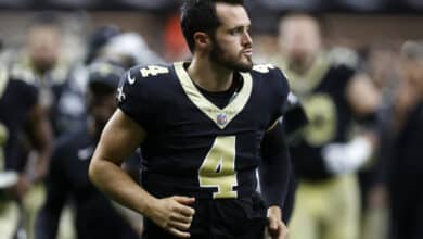 Derek Carr #4 of the New Orleans Saints looks on during a preseason game at Caesars Superdome on August 13, 2023 in New Orleans, Louisiana.