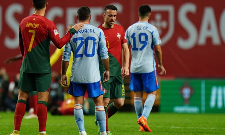 Nations League excitement awaits! PORTUGAL - SEPTEMBER 27: Cristiano Ronaldo of Portugal with Dani Carvajal of Spain during the UEFA Nations League - League Path Group 2 match between Portugal and Spain at Estadio Municipal de Braga on September 27, 2022 in Braga, Portugal.