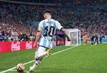 Football Legend: Lionel Messi of Argentina in action during the FIFA World Cup Qatar 2022 semi final match between Argentina and Croatia at Lusail Stadium on December 13, 2022 in Lusail City, Qatar.