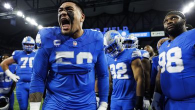 DETROIT, MICHIGAN - JANUARY 18: Offensive tackle Penei Sewell #58 of the Detroit Lions gives a speech in the team huddle prior to the NFC Divisional Playoff game against the Washington Commanders, at Ford Field on January 18, 2025 in Detroit, Michigan.