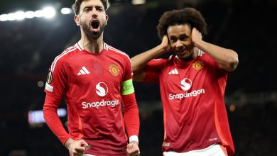 MANCHESTER, ENGLAND - MARCH 13: Bruno Fernandes of Manchester United celebrates scoring his team's first goal from the penalty spot during the UEFA Europa League 2024/25 Round of 16 Second Leg match between Manchester United and Real Sociedad de Futbol at Old Trafford on March 13, 2025 in Manchester, England.