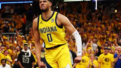 Tyrese Haliburton #0 of the Indiana Pacers celebrates a basket against the New York Knicks during the second quarter in Game Six of the Eastern Conference Finals of the 2025 NBA Playoffs