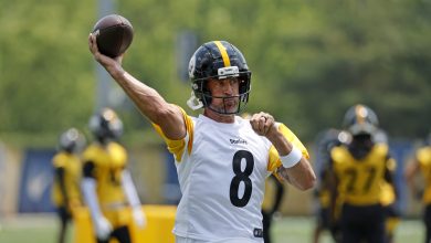 Aaron Rodgers #8 of the Pittsburgh Steelers in action during Minicamp at UPMC Rooney Sports Complex