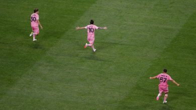 ATLANTA, GEORGIA - JUNE 19: Lionel Messi #10 of Inter Miami CF celebrates scoring his team's second goal with Benjamin Cremaschi #30 and Marcelo Weigandt #57 of Inter Miami CF during the FIFA Club World Cup 2025 group A match between Internacional CF Miami and FC Porto at Mercedes-Benz Stadium on June 19, 2025 in Atlanta, Georgia.