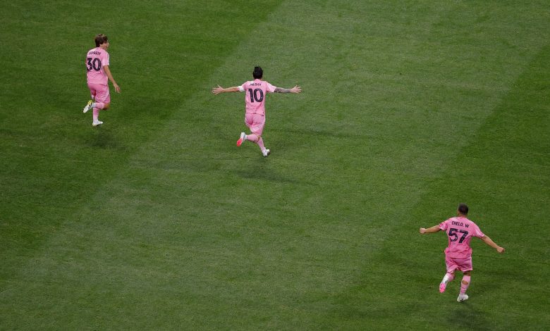 ATLANTA, GEORGIA - JUNE 19: Lionel Messi #10 of Inter Miami CF celebrates scoring his team's second goal with Benjamin Cremaschi #30 and Marcelo Weigandt #57 of Inter Miami CF during the FIFA Club World Cup 2025 group A match between Internacional CF Miami and FC Porto at Mercedes-Benz Stadium on June 19, 2025 in Atlanta, Georgia.