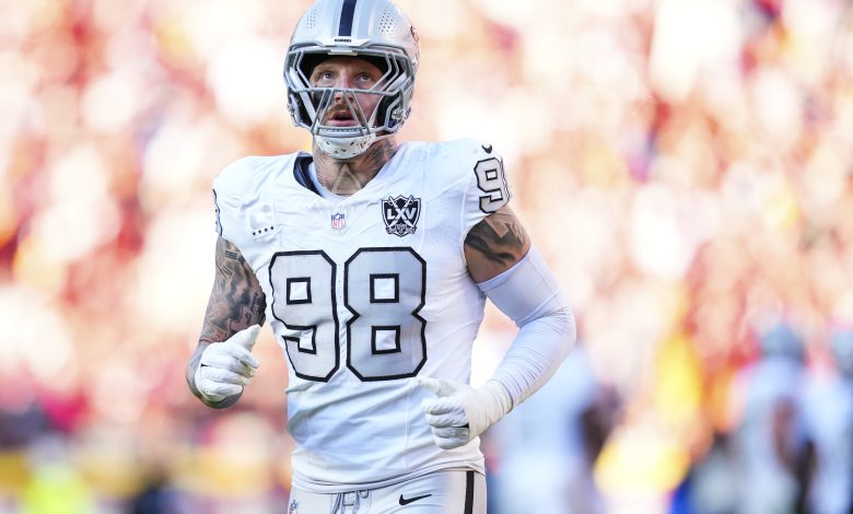 KANSAS CITY, MO - NOVEMBER 29: Maxx Crosby #98 of the Las Vegas Raiders runs across the field during an NFL football game against the Kansas City Chiefs at GEHA Field at Arrowhead Stadium on November 29, 2024 in Kansas City, Missouri.