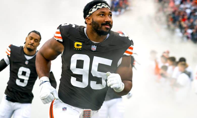 CLEVELAND, OH - DECEMBER 29: Cleveland Browns defensive end Myles Garrett (95) takes the field prior to the National Football League game between the Miami Dolphins and Cleveland Browns on December 29, 2024, at Huntington Bank Field in Cleveland, OH.